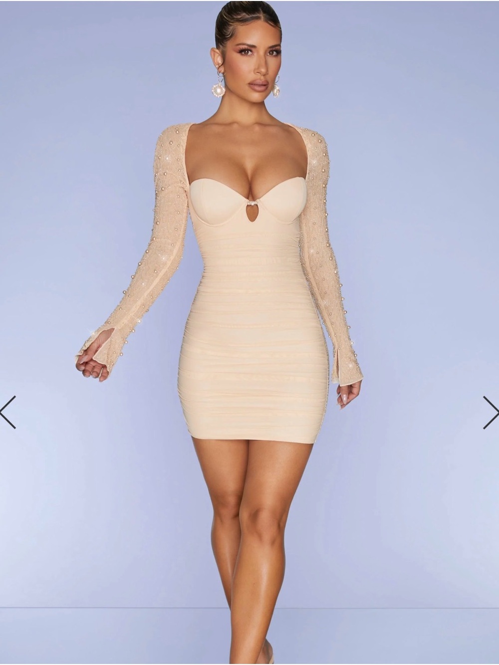 Oh Polly Beige Sheer-Sleeve Bodycon Mini Dress - Picture 3 of 7